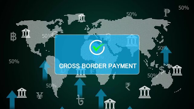 check mark with cross border . Confirmation, money transaction concept. world map, bank, arrow, parson background. 4k animation video  