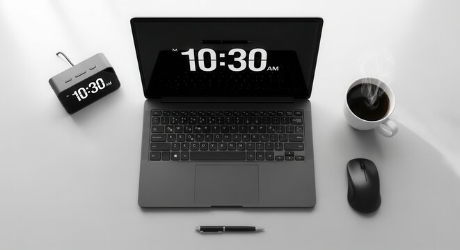 Modern Workstation Setup With Laptop Clock and Coffee