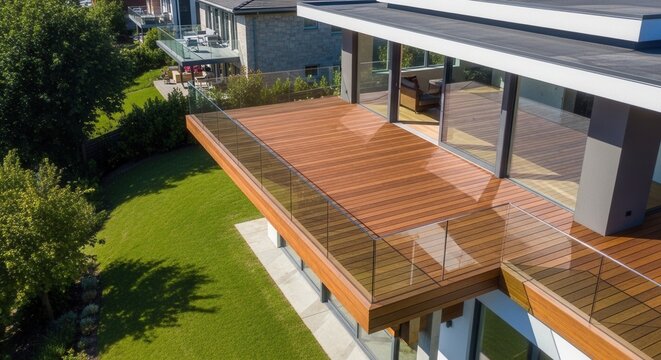 Modern Wooden Deck With Glass Railings Overlooking Lush Green Lawn