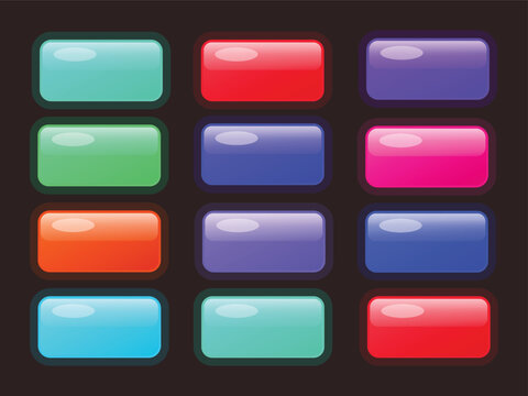 Set Of 12 Shiny Rectangle Buttons Multicolor Blank Template For Website And App UI