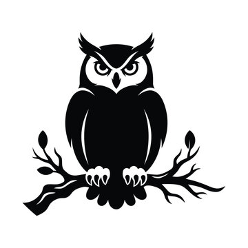 Minimalist owl silhouette on branch black and white vector artwork symbolizing wisdom watchfulness