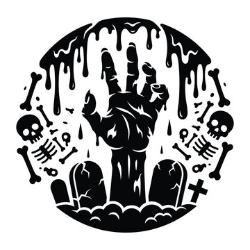 Zombie hand rising from grave with skulls and bones black white silhouette horror Halloween concept