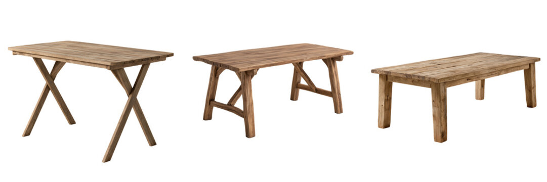 Set of A modern rustic wooden folding table with a slatted top, balanced folding legs and understated natural design on transparent png background. Ai generated