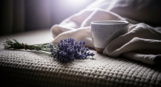 Morning Serenity A Cup Of Lavender And Cozy Blanket Scene