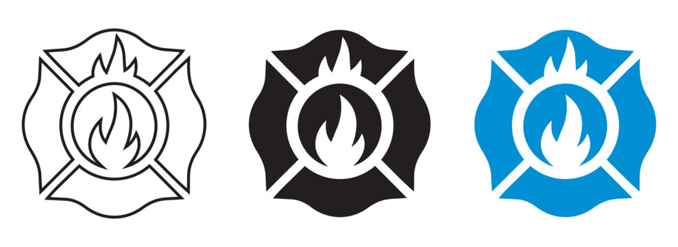 Set of firefighter badge emblem vector icons featuring outline black solid and blue flat design styles suitable for safety service branding, emergency department logos and UI.