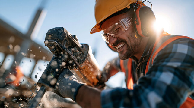 Close-up portrait of construction worker wearing hard hat and heavy-duty ear protection headphones while operating a jackhammer, dust and debris scattering in the air, occupational