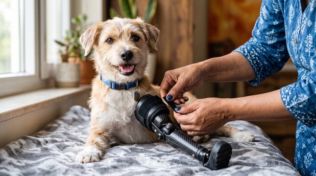 Woman grooming her small dog with nail clippers indoors