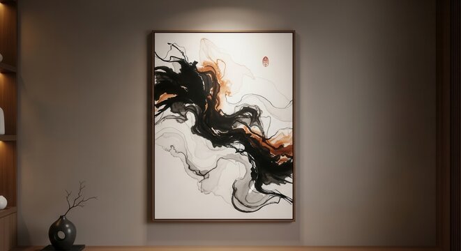 Modern Abstract Ink Painting With Rich Earth Tones And Fluid Lines