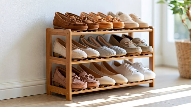 Neatly organized wooden shoe rack displaying various clean shoes in bright minimal entryway, white wall background, home organization lifestyle concept