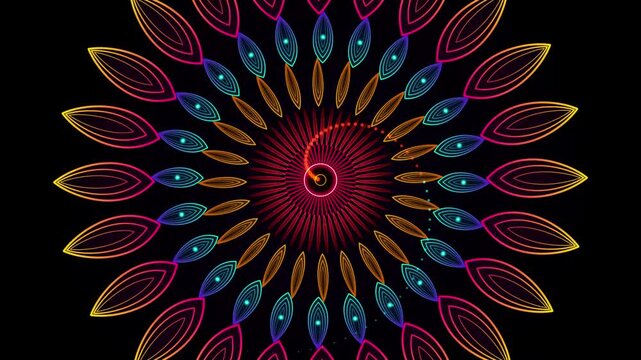Neon mandala flower pattern digital animation design background vector illustration, editable stroke