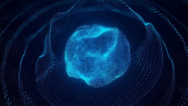 Glowing particle sphere morphs as concentric streams flow through a dark digital field. Technology presentations, data science media, and digital innovation campaigns.