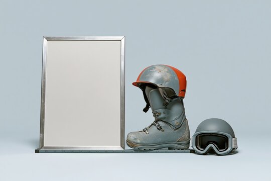Blank season opening date board with a metallic frame, featuring scuffed ski gear for winter resort pre season and rental mockup
