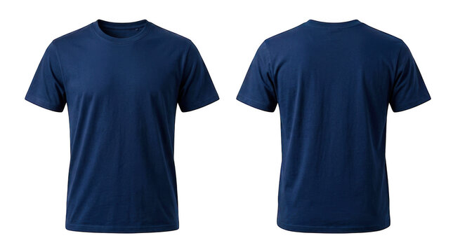 Front and back view of a plain dark blue cotton t-shirt template isolated on transparent background