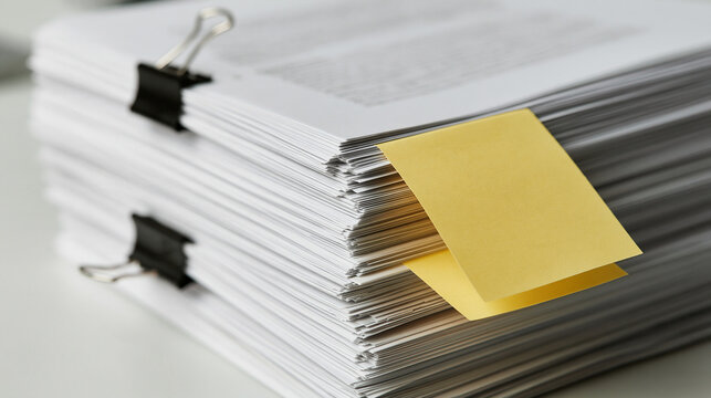 Bright close up of a stack of printed white documents bound with a black binder clip on a clean light desk, sticky note tab peeking from the side, top down framing, even daylight,