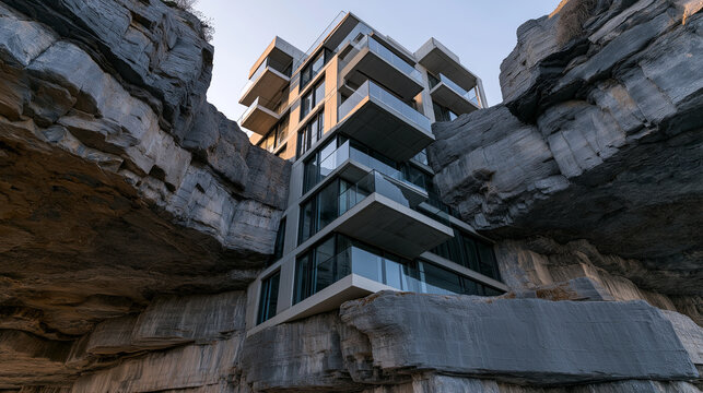 Modern building integrated into rocky cliffside with glass balconies