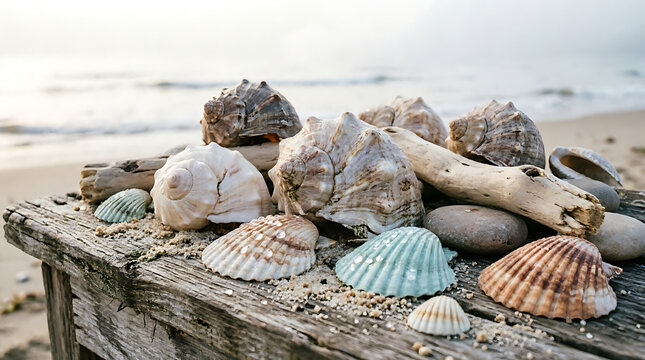 Seashells Resting on Sandy Beach by the Ocean with Natural Marine Texture and Coastal Summer Beauty
