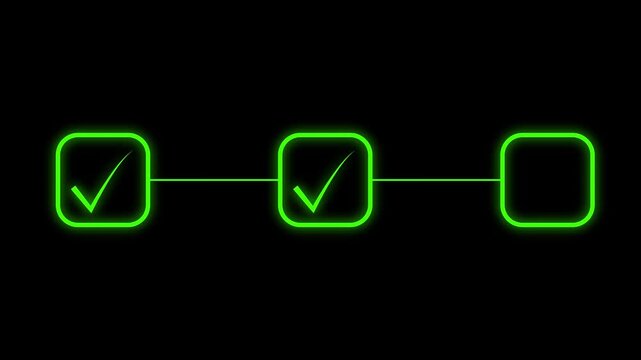 Animated white check mark icon,  infographic step by step process icon animation, step process success with check marks. 4K video