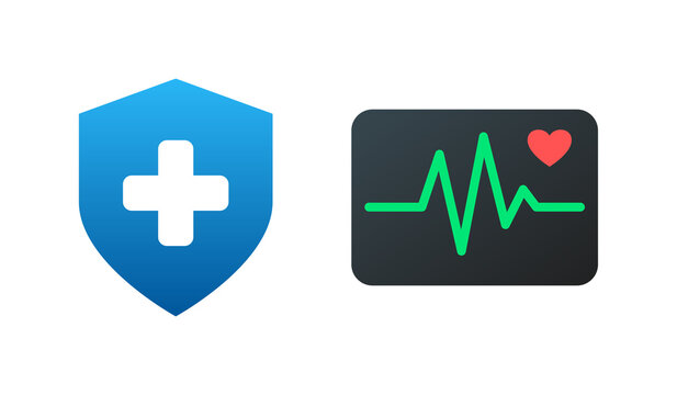 Medical Insurance Shield and Heartbeat Pulse Rate Monitor Icon Set