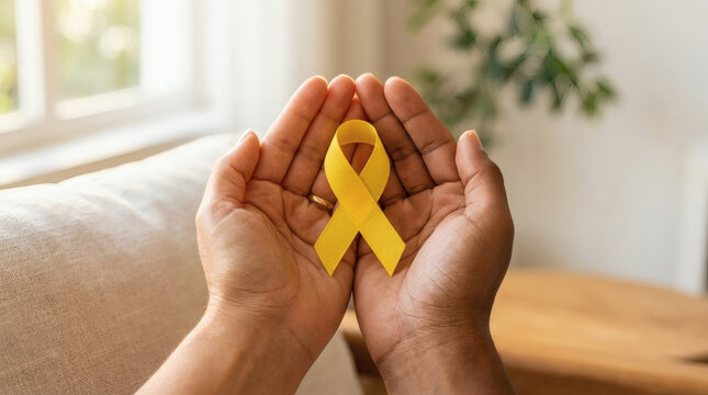 Cupped hands holding a yellow awareness ribbon for childhood cancer and suicide prevention support.