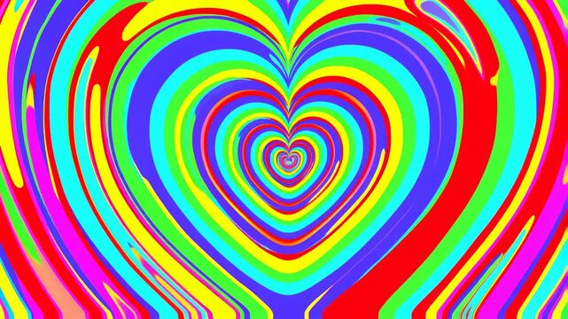 Concentric rainbow hearts pulse and warp across a vivid abstract digital background. Romantic event graphics, valentine promotions, and social media posts.