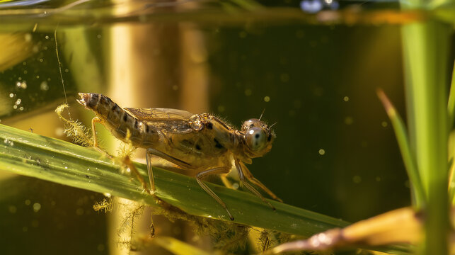 Dragonfly nymph perched on green plant stem at water surface
