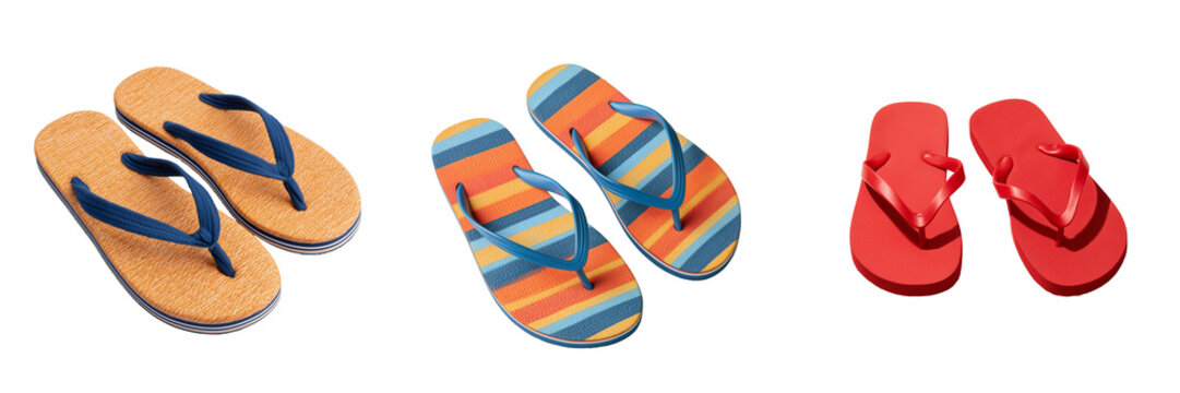 Set of Classic striped flip flops featuring alternating blue and white stripes, simple casual design on transparent png background. Ai generated