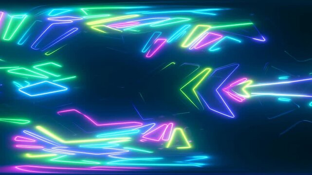 Neon geometric light forms drift through a dark digital space. Technology presentations, digital advertising, and event screen graphics.