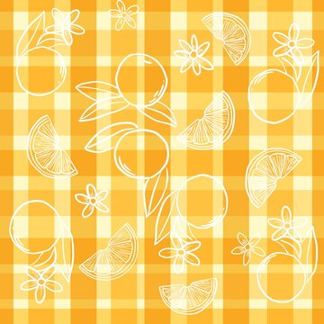 Hand drawn fresh lemon slice and blossom seamless pattern on yellow plaid grid background