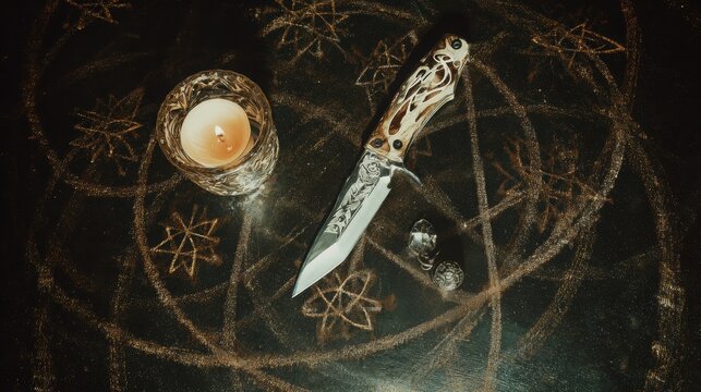 Knife with ornate handle rests on dark surface surrounded by mystical symbols and a lit candle, evoking themes of magic and esotericism in a spiritual setting