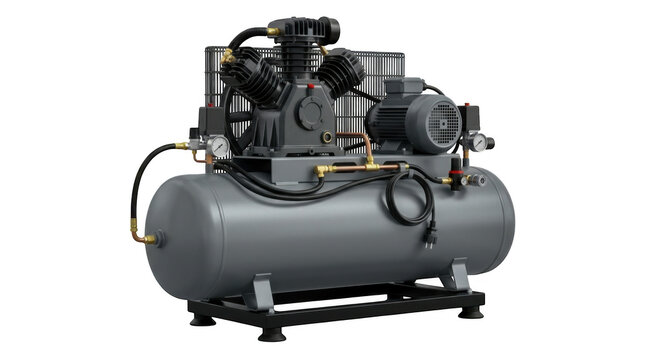 Industrial air compressor with large metal tank for workshop use isolated on transparent background