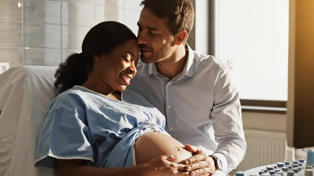 Pregnant woman rests in hospital bed with husband. Man touches belly with pregnant woman. Couple expecting baby in hospital. Husband supports pregnant woman in maternity ward. Partner with woman