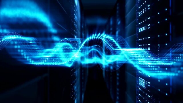 Glowing data streams flow through a dark server room corridor. Technology presentations, cloud computing advertising, and cybersecurity campaigns.