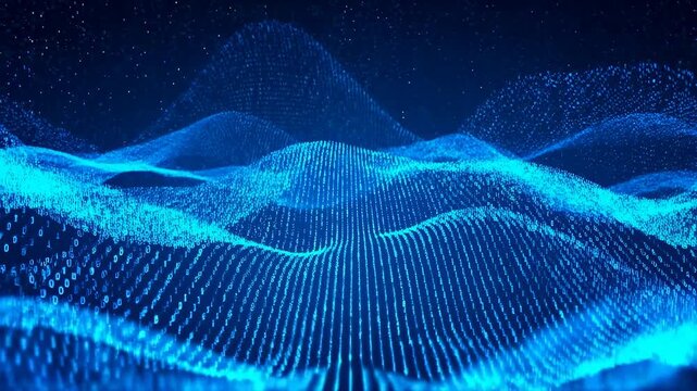 Blue digital particle waves flow through an abstract futuristic space. Technology presentations, data visualization projects, and software branding.
