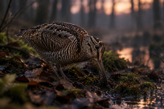 Woodcock bird in dusky wetland, probing soil with its long beak.