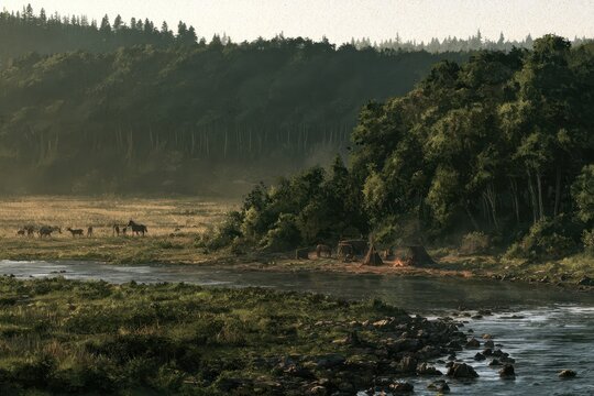 Ancient forest ecology: varied land types and early camps depicted in a Holocene-era landscape