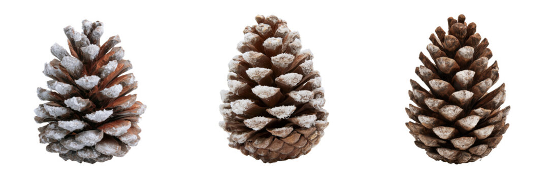 Set of Fresh brown pinecone coated with delicate frost and scattered snowflakes, winter holiday decoration, realistic natural surface and layered scales on transparent png background. Ai generated