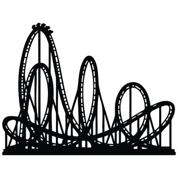 Black silhouette vector illustration of a thrilling rollercoaster ride with loops and turns.