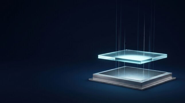 Glowing glass square floating above a metallic base on dark background