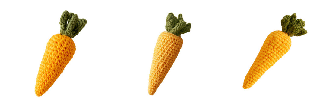 Set of Handmade crochet carrot toy lying naturally on a clean white surface, soft cotton yarn construction on transparent png background. Ai generated