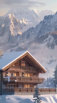 A two-story wooden chalet is partially covered in snow. It is in the foreground, with snow-dusted trees and peaks rising in the background. The chalet has balconies, and it is surrounded by snow.