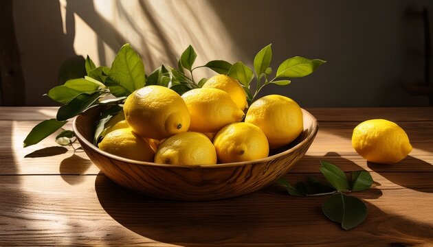 a bowl of vibrant yellow lemons sits on a wooden table bathed in sunlight with shadows and leaves creating a beautiful still life composition