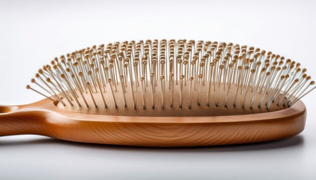 a close up photo of a wooden hairbrush with bristles on a white background