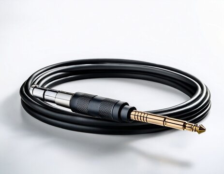 a close up view of a black audio cable with a four pole connector on a white background surface