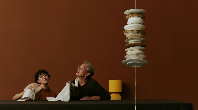 Floating column of ceramic plates hovering over a dark table with two people watching in surprise, for homeware and party advertising, copy space