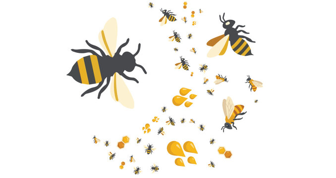 a swarm of buzzing yellow and black bees flying together with drops of golden honey on a white background design asset