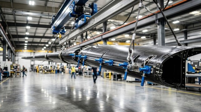 Suspended aircraft wing section lifted by overhead crane with alignment pins and carbon composite surface.