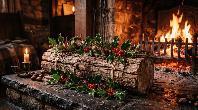 Cracked oak yule log studded with holly on dark stone