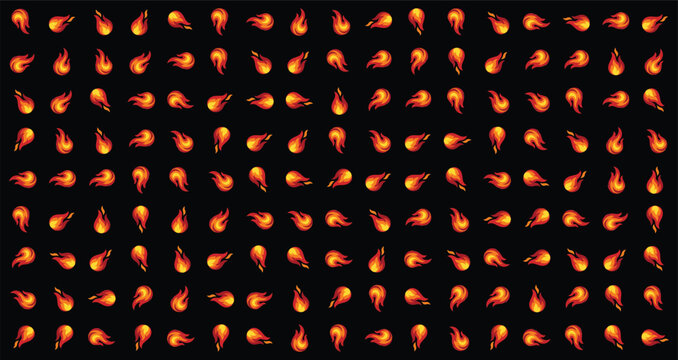 grid of glowing fireballs and dynamic flames on black background for digital effects and motion graphics design