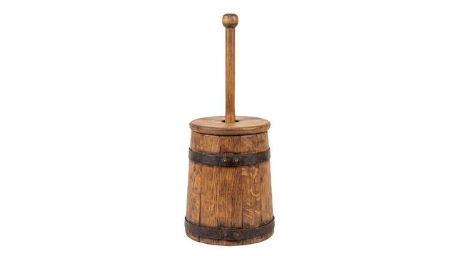 Small wooden butter churn with plunger on transparent background