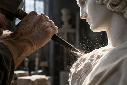 A sculptor's chisel poised for the final strike on a marble statue, dust in air.